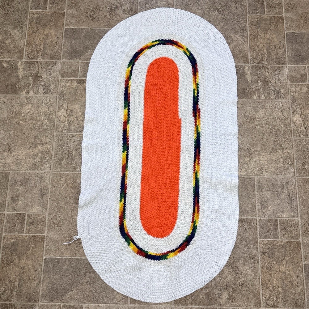 Vintage Handmade Crochet Knit Rug White Orange Rainbow Oval Area Rug 47x28